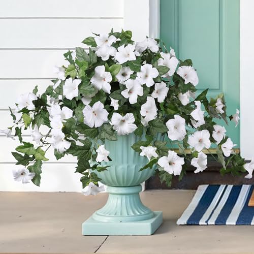 HyeFlora Artificial Flowers for Outdoors 2PCS Faux Petunias Silk Fake Flowers for Outside Planter UV Resistant Realistic Home Garden Porch Decor (White) - color: White