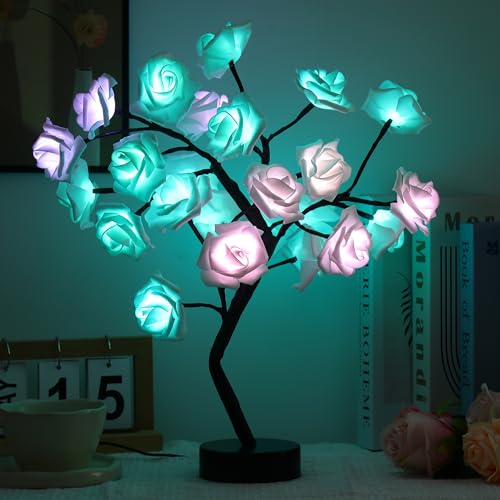 Drawelry Rose Flower Tree Lamp - LED Rose Tree Table Lamp USB/Battery Powered Artificial Bonsai Flower Night Light for Bedroom Living Room Party Wedding Valentines Mothers Day Decor (White) - color: White