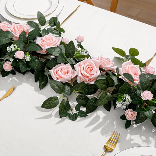 2 Pack 11.2 Ft Artificial Flower Garland with Pink Roses, Realistic Fake Greenery Vines with 17 Roses Flowers for Wedding Table Centerpieces Arch Party Ceremony Backdrop Decor(Pink) - color: Pink