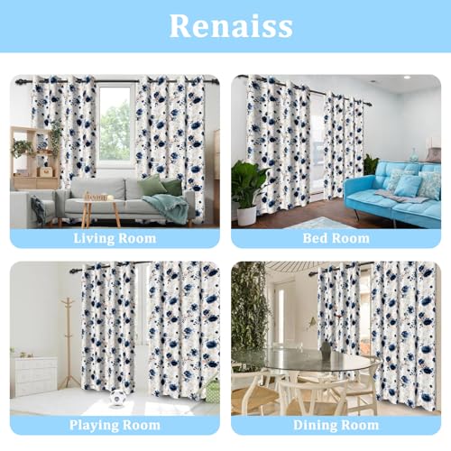 Renaiss Blue and White Floral Blackout Curtains Gold Line Rose Flowers Thermal Insulated Window Drapes for Bedroom 29W x 45L inches 2 Panel Set Window Curtain Panels for Kitchen - color: Blue, size: 29"W x 45"L (Pack of 2)