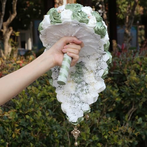 Luxury Cascade Bridal Wedding Bouquet Satin Rose Waterfall Holding Bouquet Artificial Flower Bunch for Bride Bridesmaid(Sage Green & Ivory, 17.3" x 8.7") - color: Sage Green & Ivory, size: 17.3"L x 8.7"W(44cm x 22cm)
