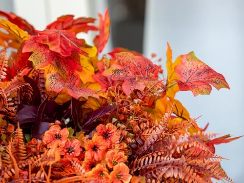 Green Moon 24PCS Artificial Fall Flowers, Faux Maples & Mums for Outdoor | UV Resistant Artificial Flowers for Outdoors Garden Patio Porch, Thanksgiving Autumn Decor Fall Decorations for Home - color: Orange Red Maple