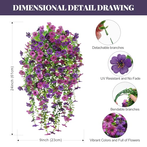 Artificial Hanging Fake Flowers Plants Spring Summer Decoration for Outdoor, 4PCS Faux Silk Daisy UV Resistant for Outside Realistic plastic Flowers Home Porch Patio Balcony Yard Decor(Double Purple) - color: Doublepurple