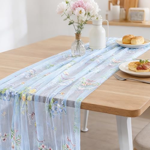BINBE 6pcs Blue Florals Table Runner Embroidery Gauze 10FT Daisy Seasonal Tulle Birthday Wedding Holiday Kitchen Dining Table Decor for Home Party - color: Blue, size: 10ft x 6pack