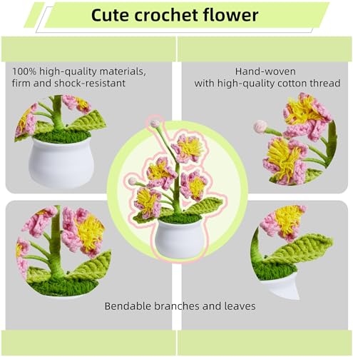Handmade Pink Crochet Flowers Cute Potted Flower Plants, Gifts for Women, Birthday, Teacher, Anniversary, Valentines, Graduation, Decor for Desk, Home Room Office Decoration(Cherry Blossom) - color: Pink Cherry Blossom