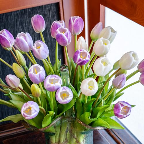 Artificial Tulips Flowers,Soft Touch Latex Bouquet, Fake Tulips,Spring Wedding Home Room Table Centerpiece Decor - color: 40pcs Amethyst Set(no Vase)