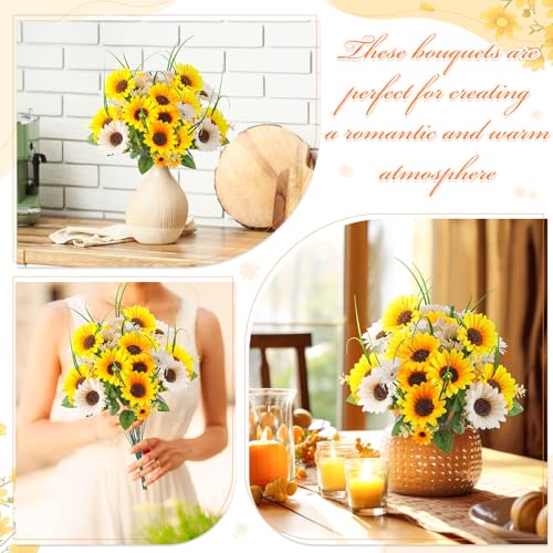 Giegxin 4 Bundles Fathers Day Sunflower Cemetery Flowers for Grave Vase Artificial Memorial Flower Bouquet Fake Silk Floral Arrangement for Dad Headstone Gravesite (Sunflower)