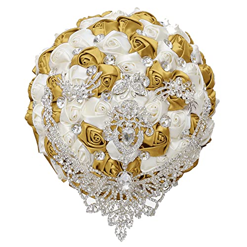 XINNI Handmade Bridal Wedding Bouquet Bride Bridesmaid Satin Rose Flower Bouquet with Drop-Shaped Rhinestone Wedding Decoration (Light Golden+Ivory) - color: Light Golden+ivory