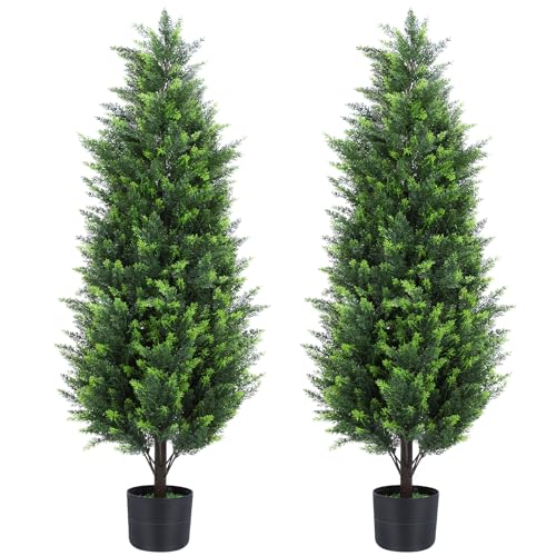 4FT Tall Artificial Cedar Topiary Trees Set of 2, Artificial UV Resistant Potted Plants, Faux Bushes Fake Shrubs for Outdoor Indoor Home Entryway Front Porch Garden Patio Offices Living Room Decor