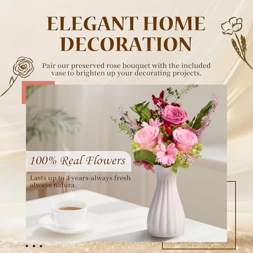 Preserved Roses Bouquet with Vase - Pink Real Eternal Roses that Last 1-3 Years - Forever Flowers Valentines Day Gifts for Her, Home Decor Centerpiece - color: Pink