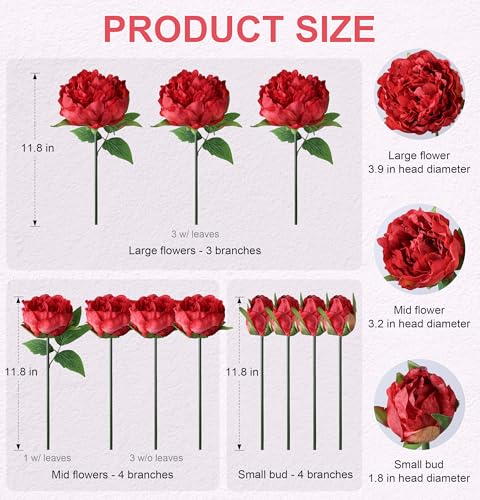 florisso Red Peony Artificial Flowers - 11 Branches Silk Peonies for Wedding Floral, Table Decor & DIY Bouquet Crafts (Artificial Peonies) - color: Peony-red