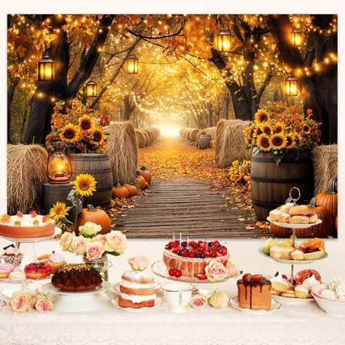 Fall Photo Backdrop, Autumn Forest Scenery Maple Leaves Pumpkins Sunflowers Photography Background, Fall Farm Harvest Thanksgiving Day Friendsgiving Party Decorations Photo Booth 5X3FT - color: Orange, size: 5X3FT