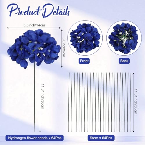 Royal Blue Hydrangea Artificial Flowers Bulk with Stems 64 Pcs | Faux Silk Hydrangeas Flower Heads with Stems for Wedding Arch Table Centerpieces Home Garden Baby Shower Party Decoration - color: Royal Blue