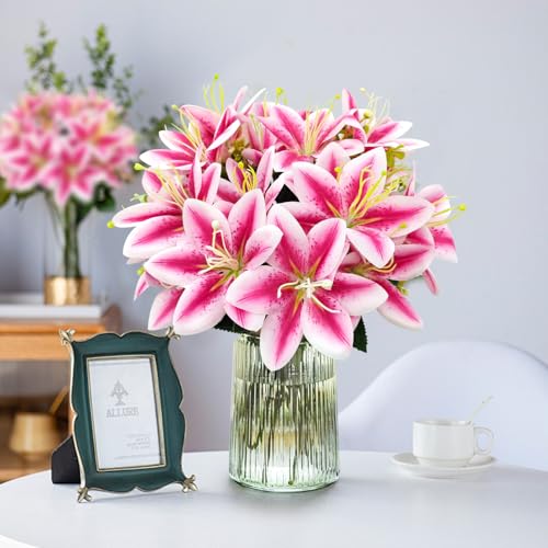 4 Bundles Artificial Tiger Lily Silk Flowers Faux Fake Lilies Plants for Wedding Bouquet Home Party Indoor Table Hotel Office Vases Floral Arrangements Outdoor Garden Decor (Rose Red) - color: Rose Red