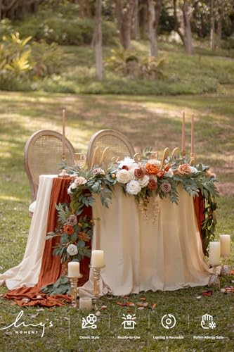 Ling's moment Fall 9FT Flower Garland for Backdrop Decorations - Wedding Arch Flowers, Eucalyptus & Rose, Artificial Floral Garland for Mantle - Sweetheart Table Decor for Ceremony, Terracotta - color: Or-terracotta & Orange