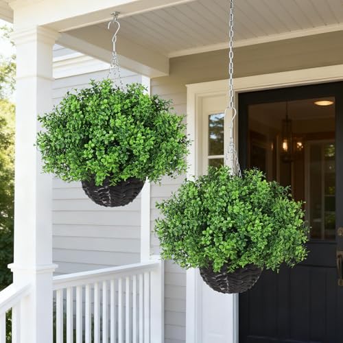 YXZZWL Artificial Boxwood Hanging Basket - 2 Sets with Baskets, Hanging Plants Faux Shrubs, Suitable for Porch, Eaves, Farmhouse, and Garden Decoration for Outdoor UV-Resistant Ornaments