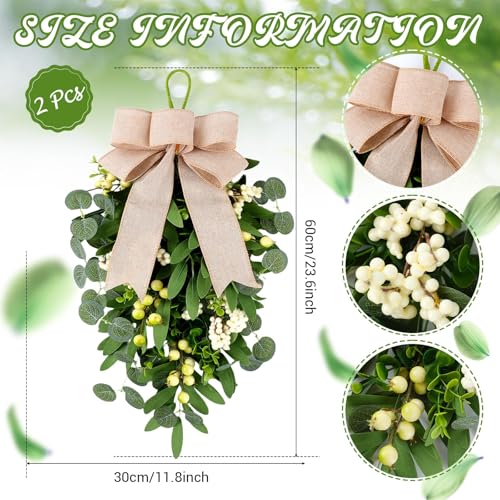 2 PCS 22" Artificial Green Eucalyptus Teardrop Swag for Front Door Greenery Swag Spring Summer Olive Kitchen Cabinet Wreath with White Berry for Farmhouse Home Porch Wall Window Festival Wedding Decor - color: Green Eucalyptus