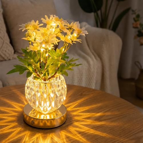 Flower Table Lamp, 3 Colors Touch Stepless Dimming Daisy Night Light, Rechargeable Artificial Flower Light, LED Flower with Vase Lamp Romantic Decor for Date Party Home (Yellow - Daisy) - color: Yellow - Daisy