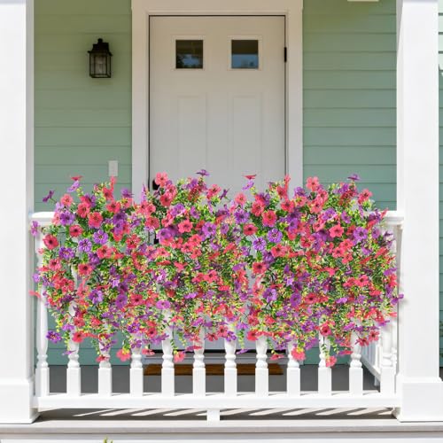ZFProcess Artificial Hanging Flowers for Outdoors Spring Summer Decoration, 2PCS Silk Fake Daisy Realistic Outdoor Flowers UV Resistant Porch Patio Window Yard Decor(Purple Rose Red) - color: Purple Rose Red
