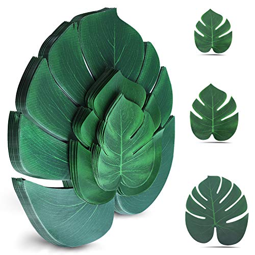 100Pcs Palm Leaves Artificial Tropical Monstera Plant Fake Leaves Safari Birthday Decorations,Jungle Theme Party Supplies,Faux Green Leaf for Hawaiian Luau Tiki Aloha Beach BBQ Table Decoration 3 Size