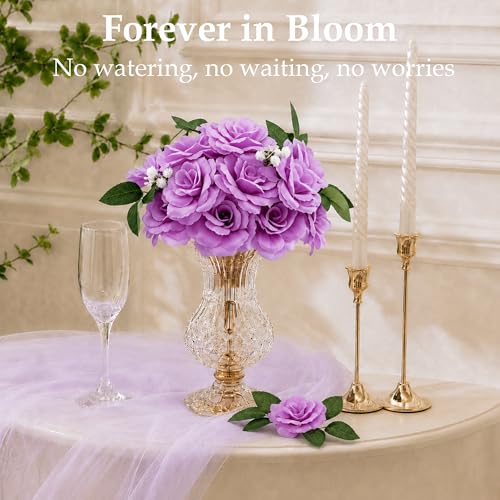 Rose Artificial Flowers, 50Pcs White Roses Head Flowers Bulk with Stem, 3 Inches Silk Rose Fake Flower Head for Wedding Party Home Decor DIY Baby Shower Centerpieces Tables Decoration (Light Purple) - color: Light Purple