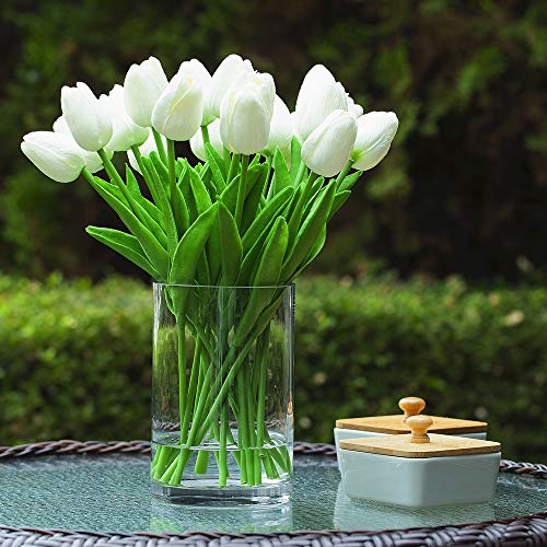 20 Pieces Artificial Real Touch Tulips Flower Arrangement in Glass Vase with Faux Water for Home Decoration (White) - color: White