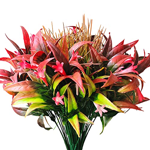 8 Bundles Artificial Plants Bushes Outdoor UV Resistant Fake Flowers Grass Bulk Faux Plastic Greenery for Fall Winter Summer Outside Window Box Planter Front Porch Yard Floral Arrangements - color: Red Morning Glory Flowers and Grass, size: 8pcs
