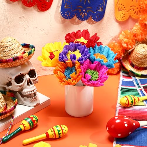 Ctosree 6 Pcs Mexican Paper Flowers Artificial Rainbow Crepe Paper Flowers Bunch with Stems De Papel para Decoracion Mexican Fiesta Assorted Flower Centerpieces for Fiesta Cinco De Mayo Party Home - color: Bright