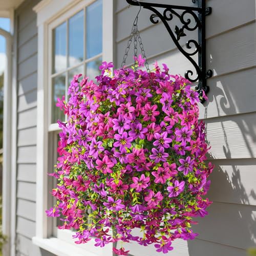 Artificial Hanging Baskets Outdoor, 4 Bundles Artificial Hanging Flowers Outdoors Spring Summer Decoration, No Fade Realistic Fake Hanging Baskets for Porch Patio Balcony Home Yard Decor - color: Light Purple Red