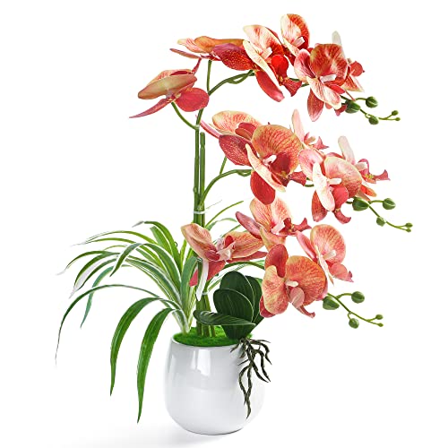 W&W Artificial Orchid Plants and Flowers with Vase, Fake Faux Orchid in Ceramic Pot,19”, Orange - color: Orange 01