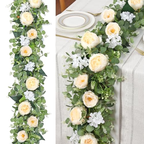 Betylifoy 2 Pack 6.2Ft Champagne Flower Garland Artificial Eucalyptus Flower Garlands Fake Peony Rose Floral Vines Hanging Hydrangea Flower Faux Greenery Garland for Wedding Party Table Backdrop Decor - color: Champagne