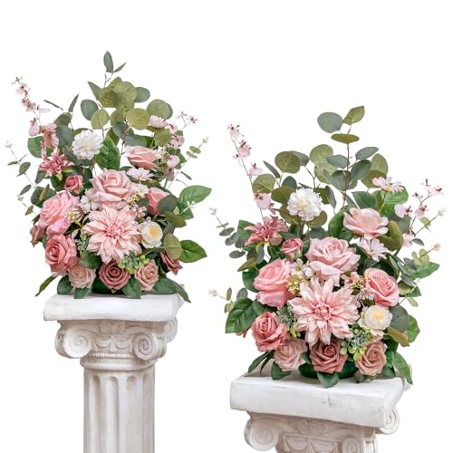 TINGE TIME Free-Standing Artificial Flower Set of 2, Table Centerpiece with Rubber Pad, Silk Fake Flower for Wedding Centerpiece Archway Aisle Welcome Entrance (DustyRose&Cream) - color: Dustyrose&cream
