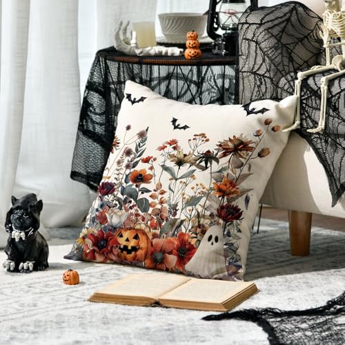 AVOIN colorlife Halloween Horror Wildflowers Throw Pillow Cover, 18 x 18 Inch Pumpkin Ghost Bat Cushion Case Decoration for Sofa Couch - size: 18" x 18" (Pack of 1)