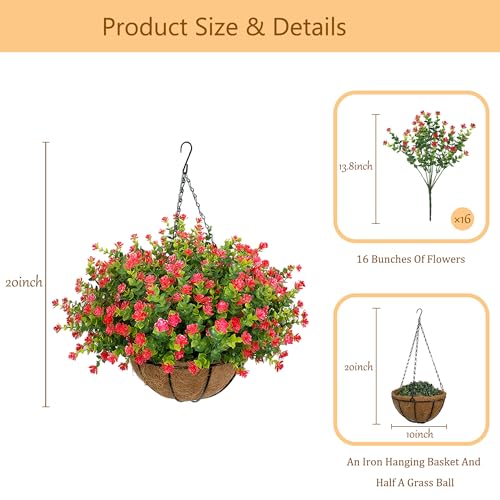 NETAP Artificial Hanging Flowers Basket for Outdoor, 16 Fake Flowers Look Real UV Resistant, Faux Hanging Plants for Porch, Balcony, Patio, Garden, Spring Summer Decor,Red - color: Red