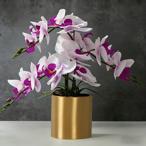 LESING Artificial Orchid Flower with Vase Realistic Orchids Faux Flower Fake Orchid Bonsai Plants in Pot Arrangement for Home Wedding Party Dining Table Centerpiece Decor (White Purple,Gold Vase) - color: White Purple,gold Vase