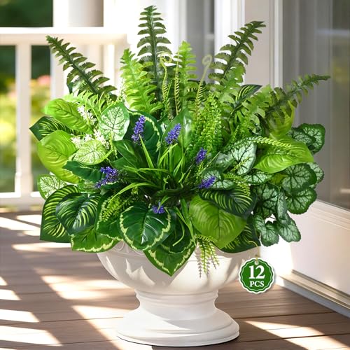 Livole Artificial Plants Outdoor UV Resistant, Realistic Faux Plants Artificial Greenery Large Bunches Fake Plants for Porch Patio Garden Spring Summer Home Decor (Large 12pcs) - size: 12 Pcs