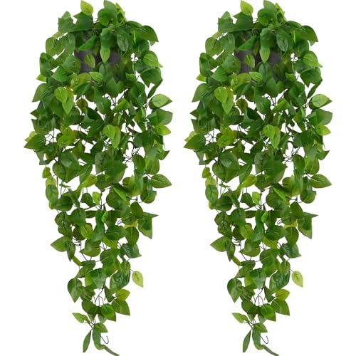 Waipfaru Fake Hanging Plants, 2pcs Artificial Potted Plant, Faux Ivy Pothos Vines Greenery for Wall Home Bedroom Living Room Aesthetic Kitchen Office Aesthetic Kitchen Indoor Outdoor Decor - color: Epipremnum Aureum, size: 2Pcs Plants with Pot