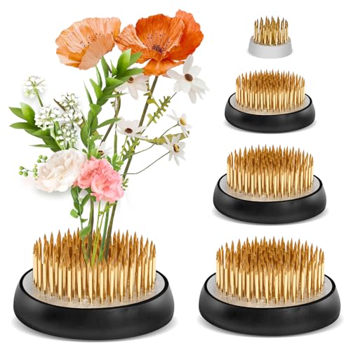 5 Pcs Flower Frogs for Flower Arrangements, Brass Floral Frog Kenzan with Rubber Base, Japanese Ikebana Flower Holder Fixed Tools for Vase, DIY Floral Arrangement Supplies (Multiple Sizes, Gold) - color: Gold
