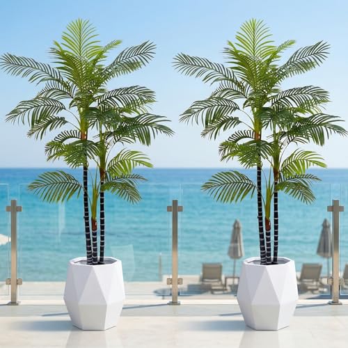 2Pack-7FT Artificial Palm Tree Outdoor, UV Resistant Tall Fake Areca Palm Plants in Black Pots, Tropical Triple Silk Large Faux Tree Indoor House Office Living Room Outside Patio Decor - color: 7ft*2-b