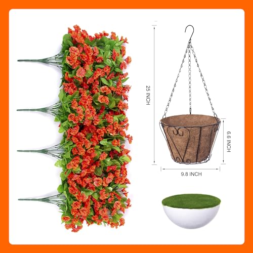Ammyoo Artificial Faux Hanging Flowers Basket for Fall Outdoor Porch Decor, Fake Silk Colorful Morning Glory Eucalyptus in Planter UV Resistant Look Real for Home Balcony Yard(Orange) - color: Orange