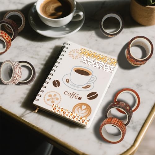 12 Rolls Coffee Washi Tape Set, Vintage Coffee Decorative Tapes, Retro Brown Watercolor Cafe Masking Tape for Journaling, Scrapbooking, Planner, DIY Arts Crafts Supplies, Gift Wrapping 16.4FT - color: S
