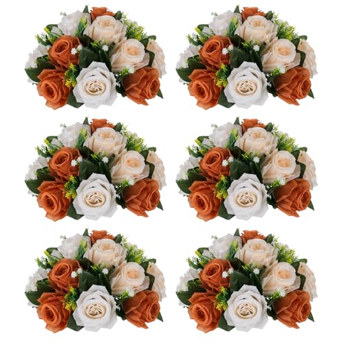NUPTIO Terracotta Flower Ball Centerpieces: 6 Pcs Artificial Rose Kissing Balls for Wedding Party Tables - Faux Silk Floral Arrangements for Fall Home Thanksgiving Event Dining Decorations - color: Terracotta & Champagne & Creamy White, size: 6 Pcs