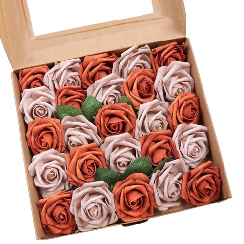 Artificial Flowers 25 Pack Burnt Orange Faux Foam Roses with Stems, Real Looking Fake Rose for DIY Wedding Bouquets, Bridal Shower Centerpieces, Party Table Decorations, Home Decor - color: Burnt Orange & Warm Taupe, size: 25Pcs