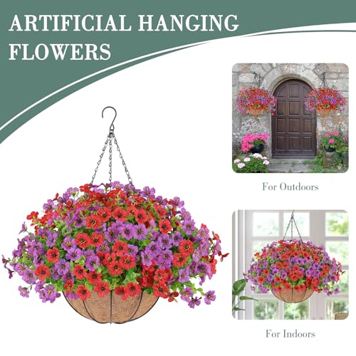 AGIRL Artificial Hanging Flowers with Baskets for Outdoors,UV Resistant Fake Hanging Plants for Outdoor Porch Patio Garden, Realistic Silk Flowers for Spring Summer Home Decor(Red Purple) - color: Red Purple, size: 1PCS