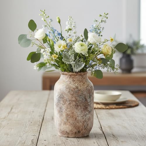 Rustic Terracotta Vase, Farmhouse Ceramic Vase, Decorative Clay Vintage Vases for Home Decor, Living Room,Table, Shelf Decor, 9 inch, Brown - color: Orange