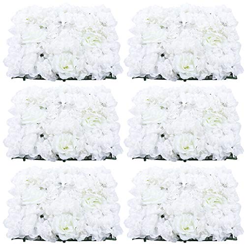 OUKANING 6 Pack Artificial Flower Wall Panels 24" x 16" White Faux Hydrangea and Rose Artificial Flower Backdrop Panels for Wedding Party Event Flower Wall Decor - color: 6pcs, Milky White