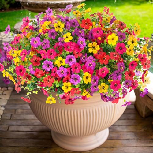 ADXORA 12 Bundles Artificial Flowers,Faux Plants for Spring Summer Decoration, UV Resistant Colorful Violets Eucalyptus for Outside Home Planter Porch Patio Yard Decor - color: Purple,red,yellow,hot Pink