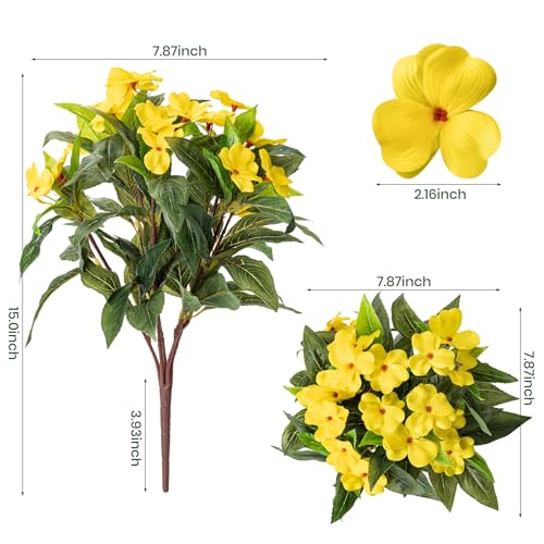 Nigirior Artificial Fake Flowers for Outdoor Décor 6 Bundles UV Resistant Fake Plants for Planter Faux Impatiens for Home Porch/Garden Stunning（Yellow） - color: Yellow
