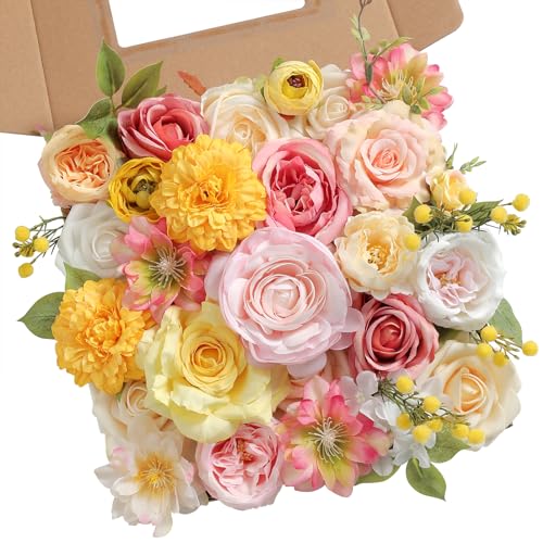 Artificial Flower Assortment for DIY Centerpiece Arrangement Wedding Hand Bouquet Flower Bouquet Centerpiece Arrangement Party Baby Shower Home Decoration (Pink Yellow) - color: Pink Yellow