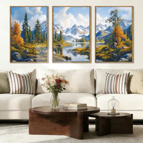 BINCUE Framed Mountain Landscape Wall Art Nature Forest Wall Decor Tree and River Art Print Nature Landscape Artwork Mountain Forest Wall Pictures for Living Room Bedroom Office Farmhouse 16x24 Inches Set of 3 Gift - color: Mountain Nature Landscape, size